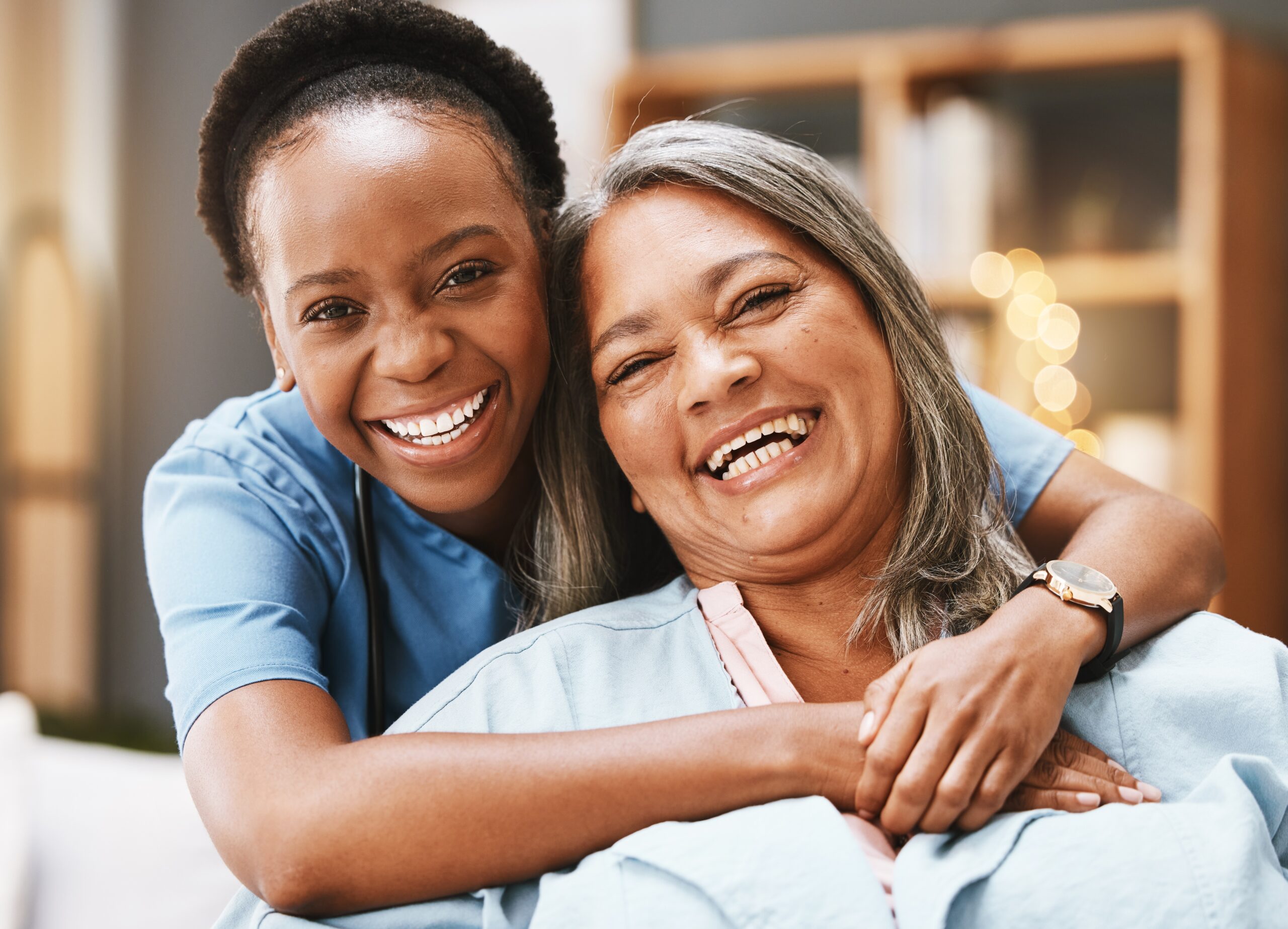 Senior,Care,,Hug,And,Portrait,Of,Nurse,With,Patient,For